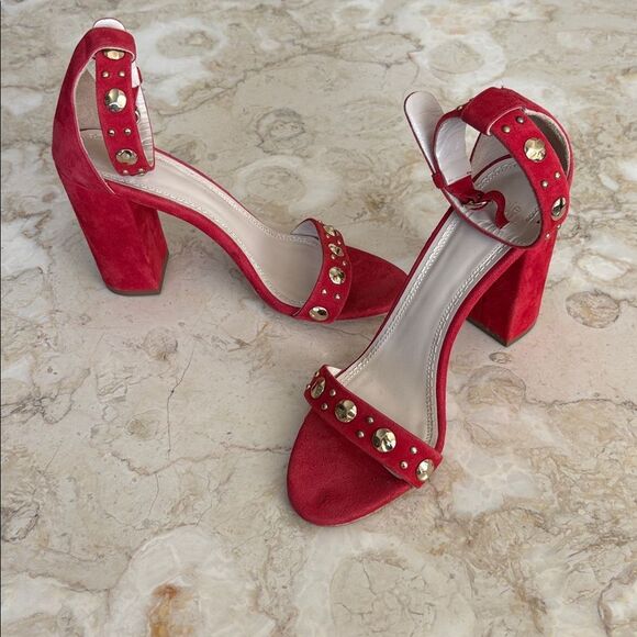 Maje Faria Red Suede Studded Chunky Heel Ankle Strap Sandals - Picture 4 of 14